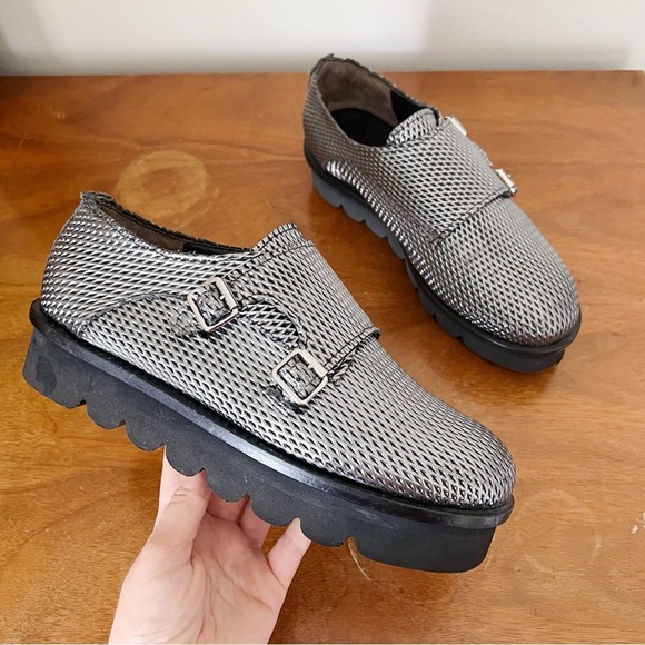 AGL • Netty Shoe platform loafer slip on chunky monk strap buckle metallic - Picture 1 of 13